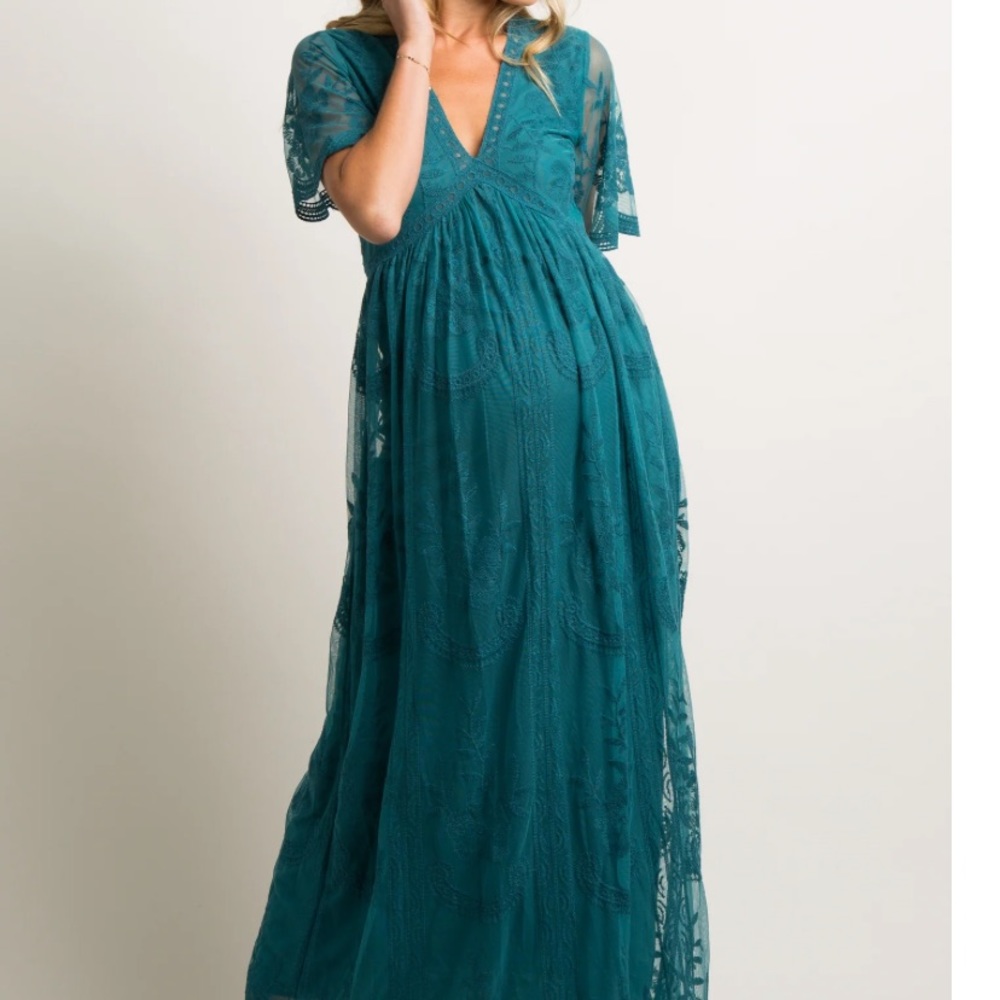 PinkBlush Teal Lace Mesh Overlay Maternity Maxi Dress